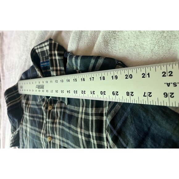 Scott Barber Mens Plaid Linen KhakisCarmel Button-Down Shirt Large Navy Casual - Picture 5 of 8